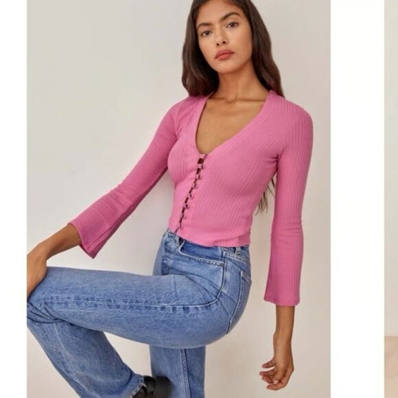 Reformation Sweaters - Reformation Gellar Knit Long Sleeve Cardigan Pink Medium